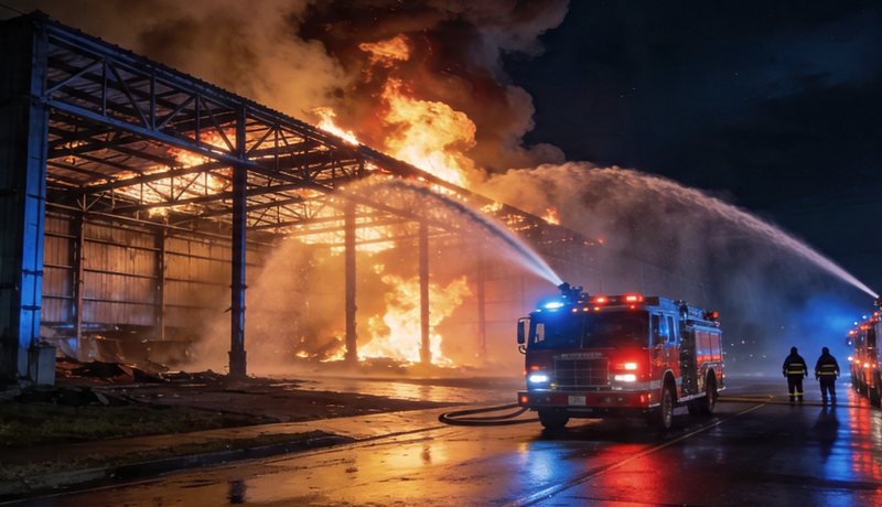 Bombeiros em combate a incêndio noturno